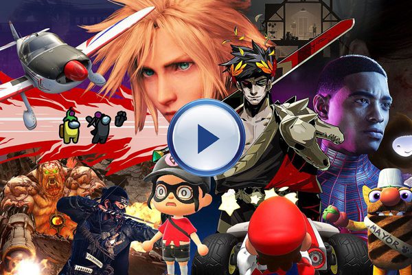 A video game with various characters and a play button.